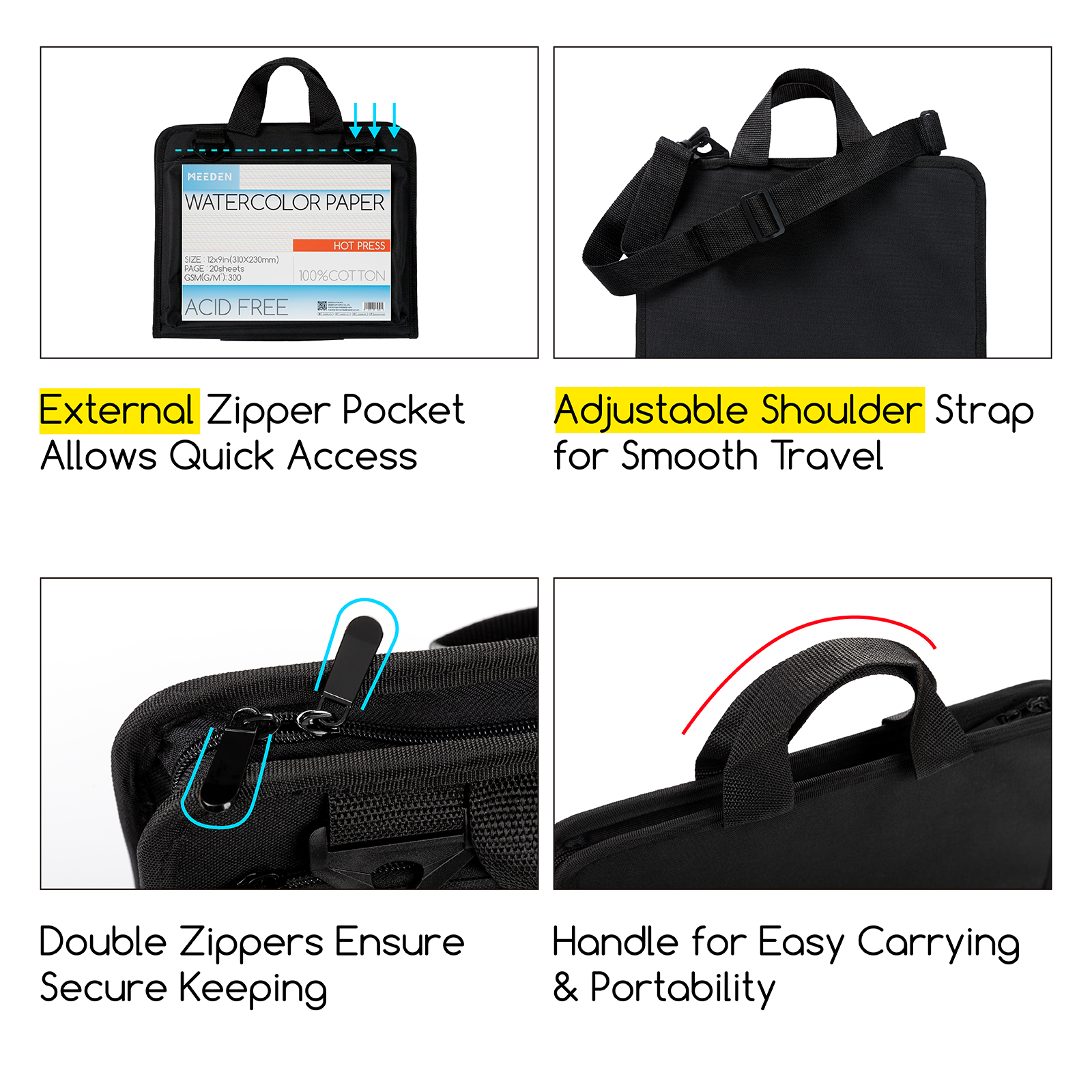 MEEDEN Studio Art Portfolio Sketch Bag, Water-proof, Black, 9"x12"