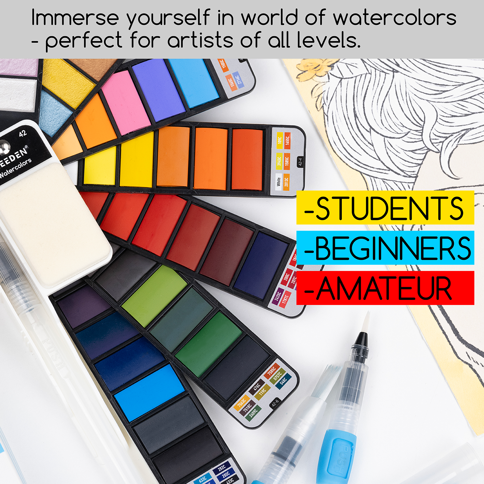 MEEDEN Travel Watercolor Paint Set, 42 Assorted Colors with 4 Brushes