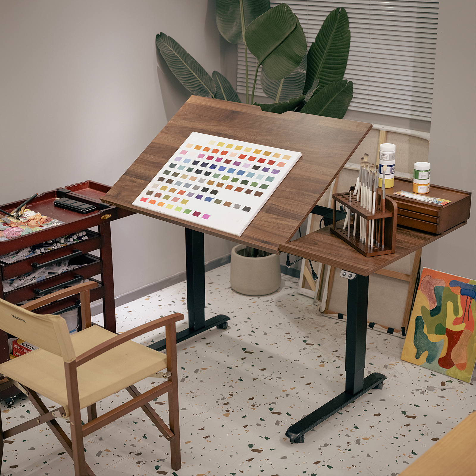 MEEDEN Large Electric Height Adjustable Drafting Table with Side Board, Walnut