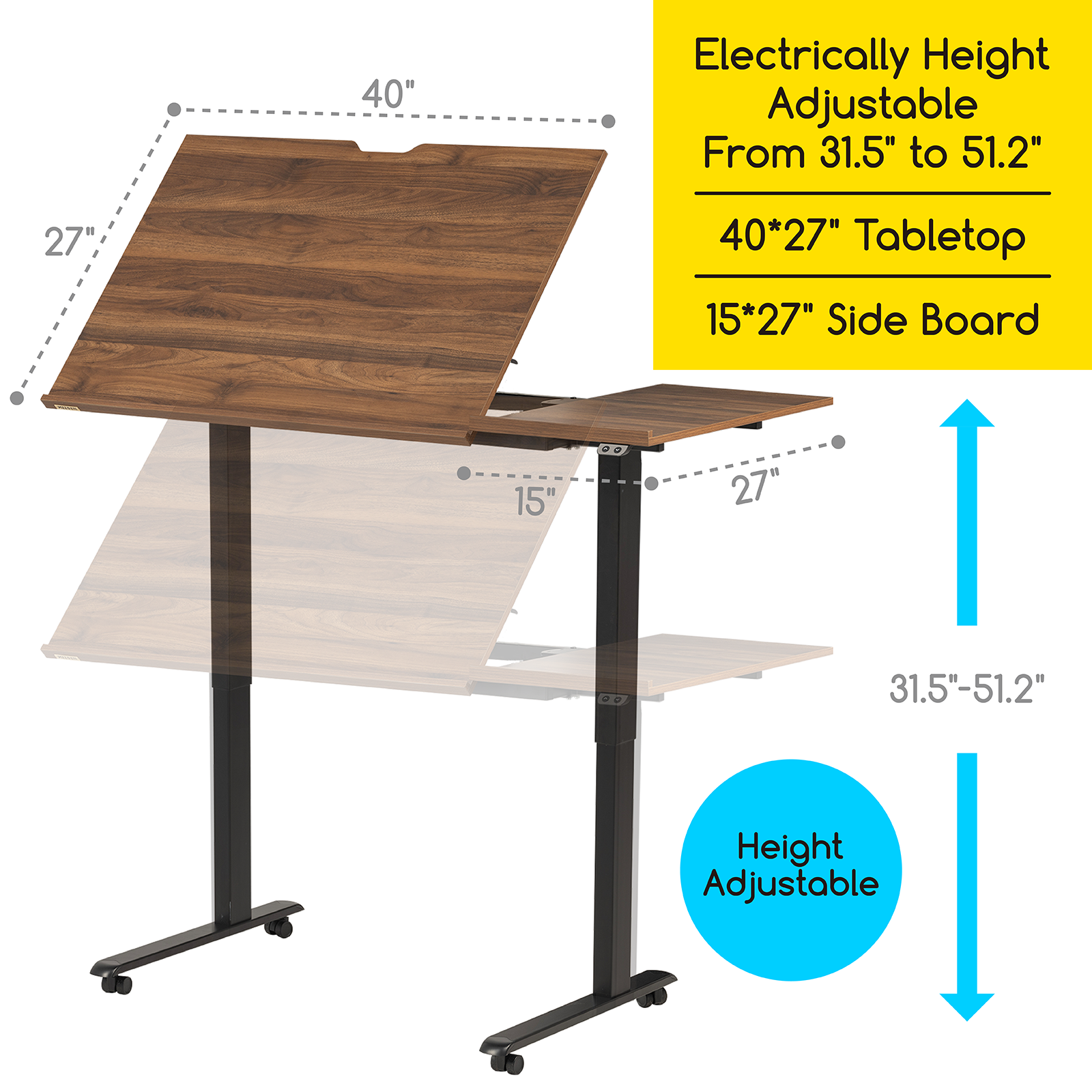 MEEDEN Large Electric Height Adjustable Drafting Table with Side Board, Walnut