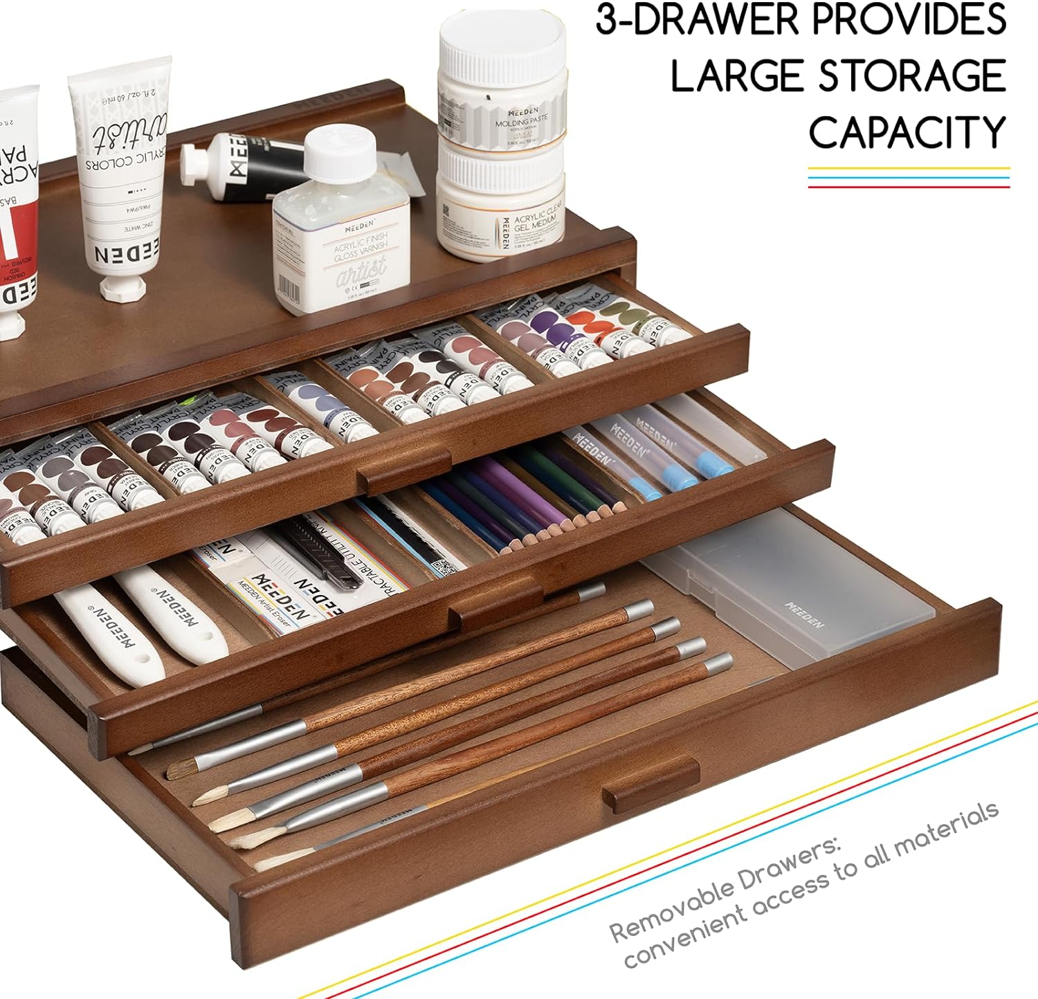 MEEDEN Pro 3-Drawer Beech Wood Portable Storage Box-HH-3