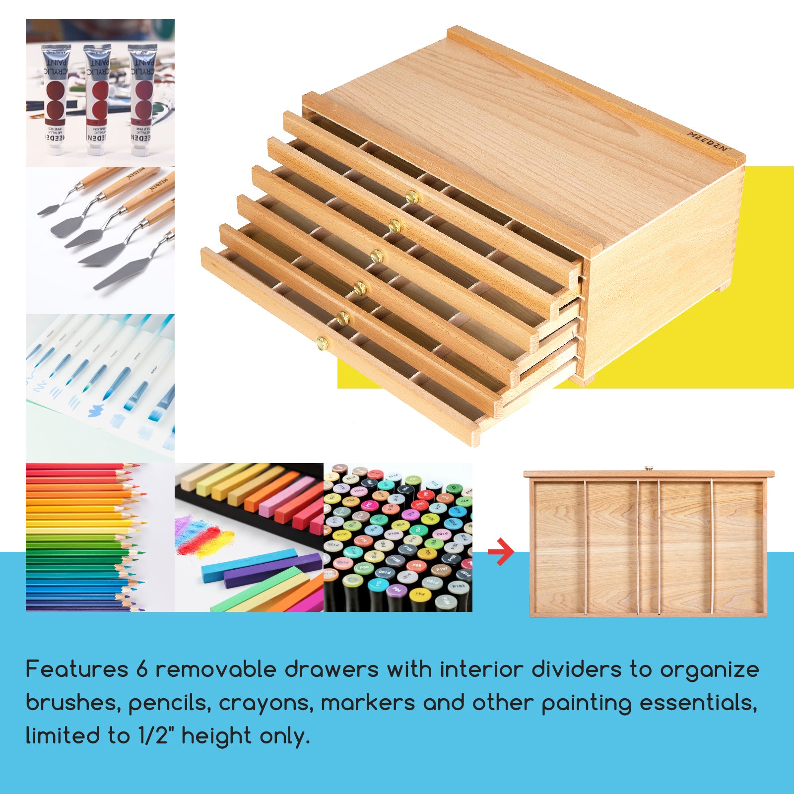 MEEDEN 6-Drawer Artist Supply Storage Box, Natural