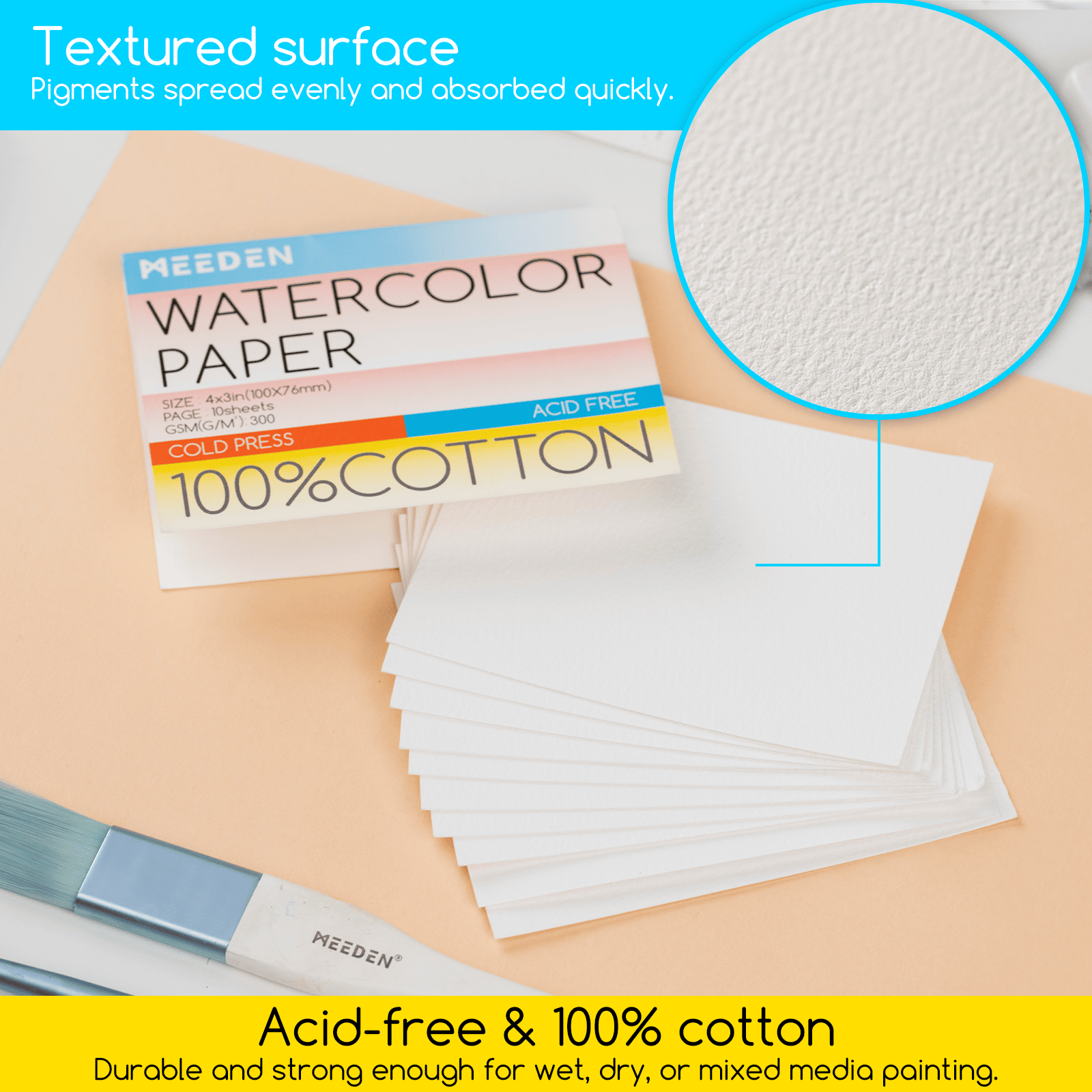 MEEDEN Cold Press Watercolor Paper Pad , 4×3", 5-Pack