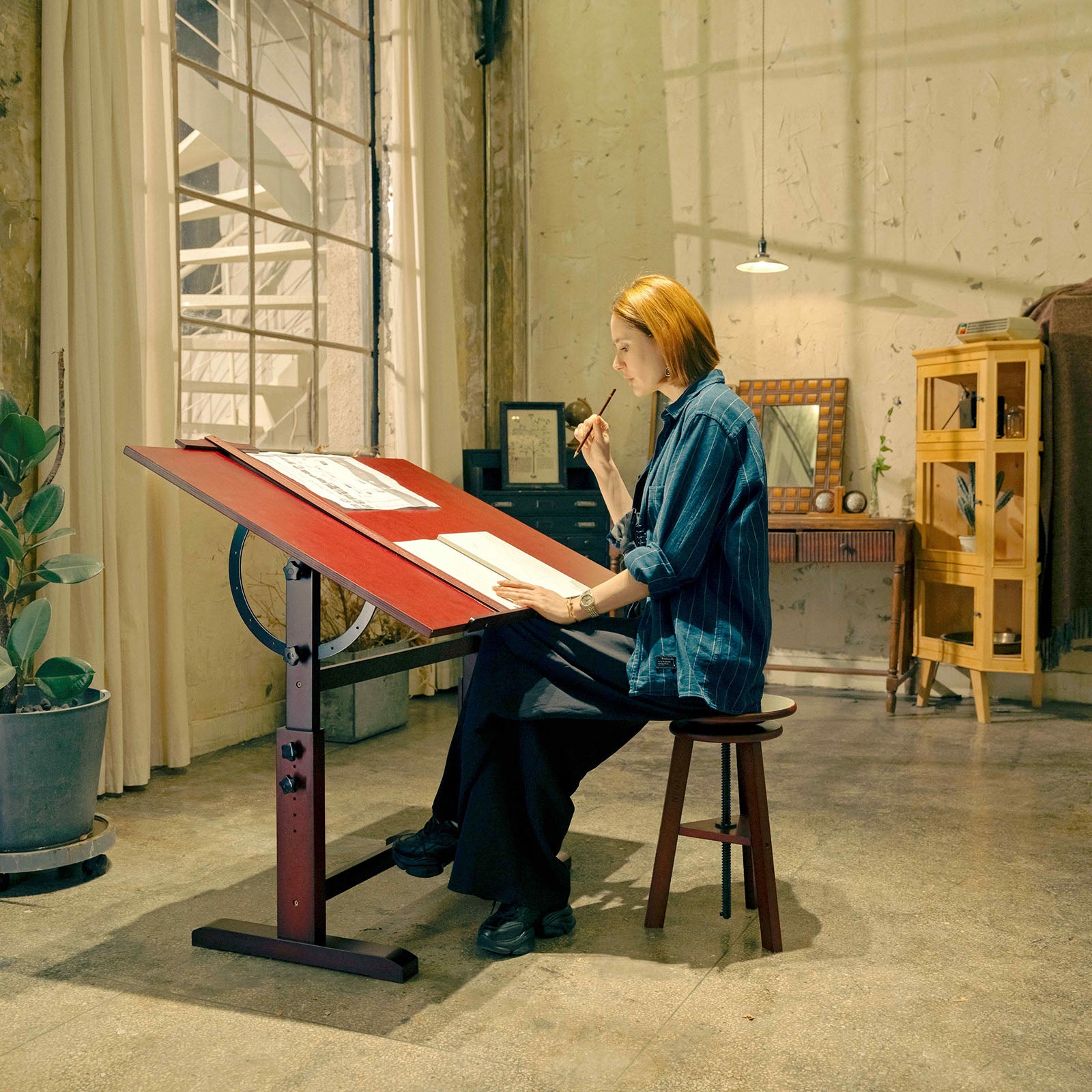 MEEDEN Vintage Adjustable Wooden Drafting Table & Stool Set, Dark Walnut-XSZ-4