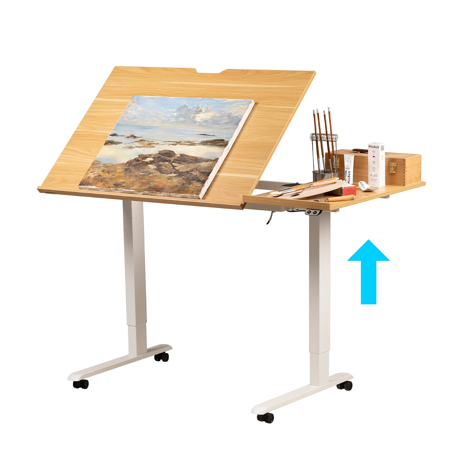 MEEDEN Large Electric Height Adjustable Drafting Table with Side Board, Natural