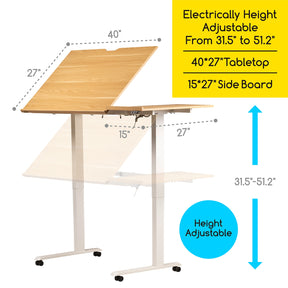 MEEDEN Large Electric Height Adjustable Drafting Table with Side Board, Natural