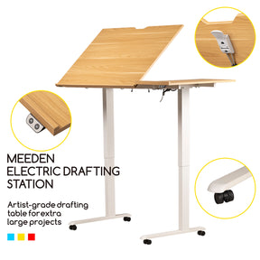 MEEDEN Large Electric Height Adjustable Drafting Table with Side Board, Natural
