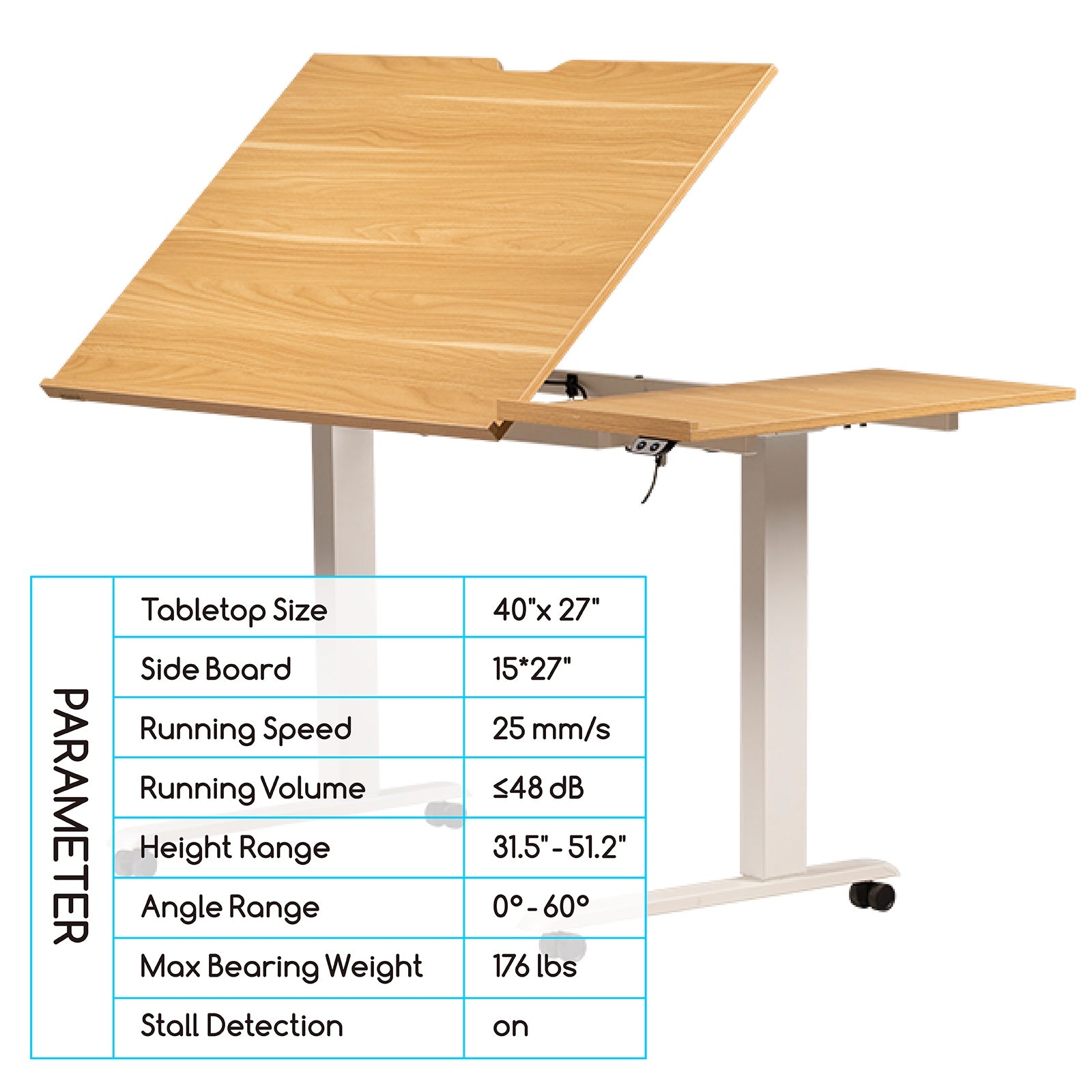 MEEDEN Large Electric Height Adjustable Drafting Table with Side Board, Natural
