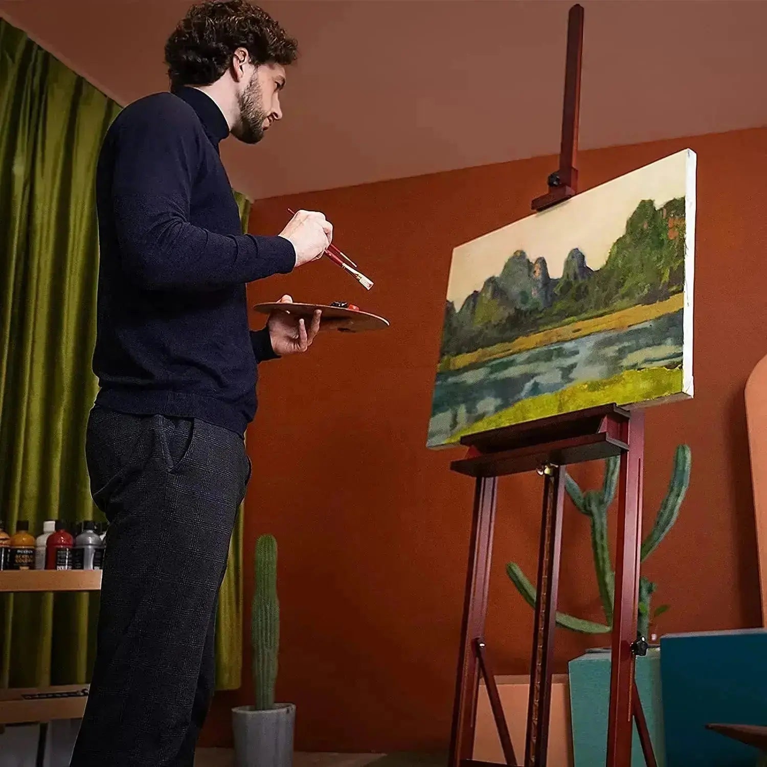 MEEDEN Studio H-Frame Easel with Large Storage Tray-Dark Walnut-W02B-B - MetrocartsEasel