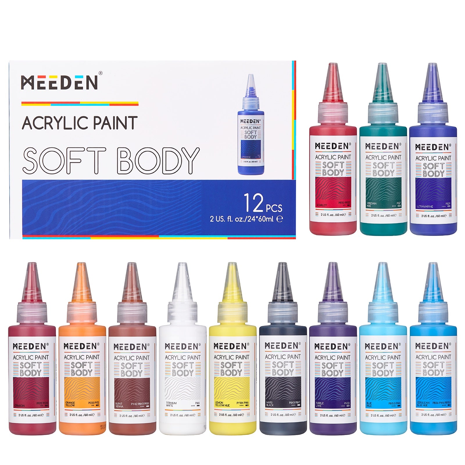 MEEDEN Soft Body Acrylic Paints Set, 12 Colors x 60ml/2oz