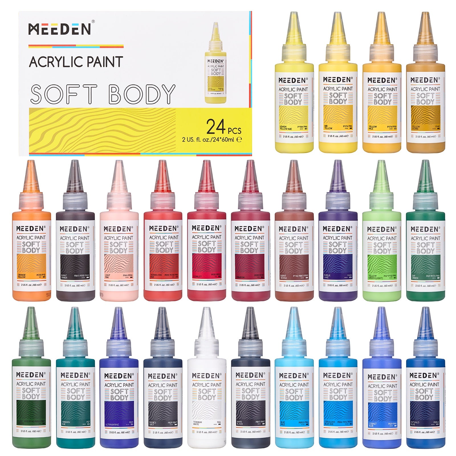 MEEDEN Soft Body Acrylic Paints Set, 24 Colors x 60ml/2oz