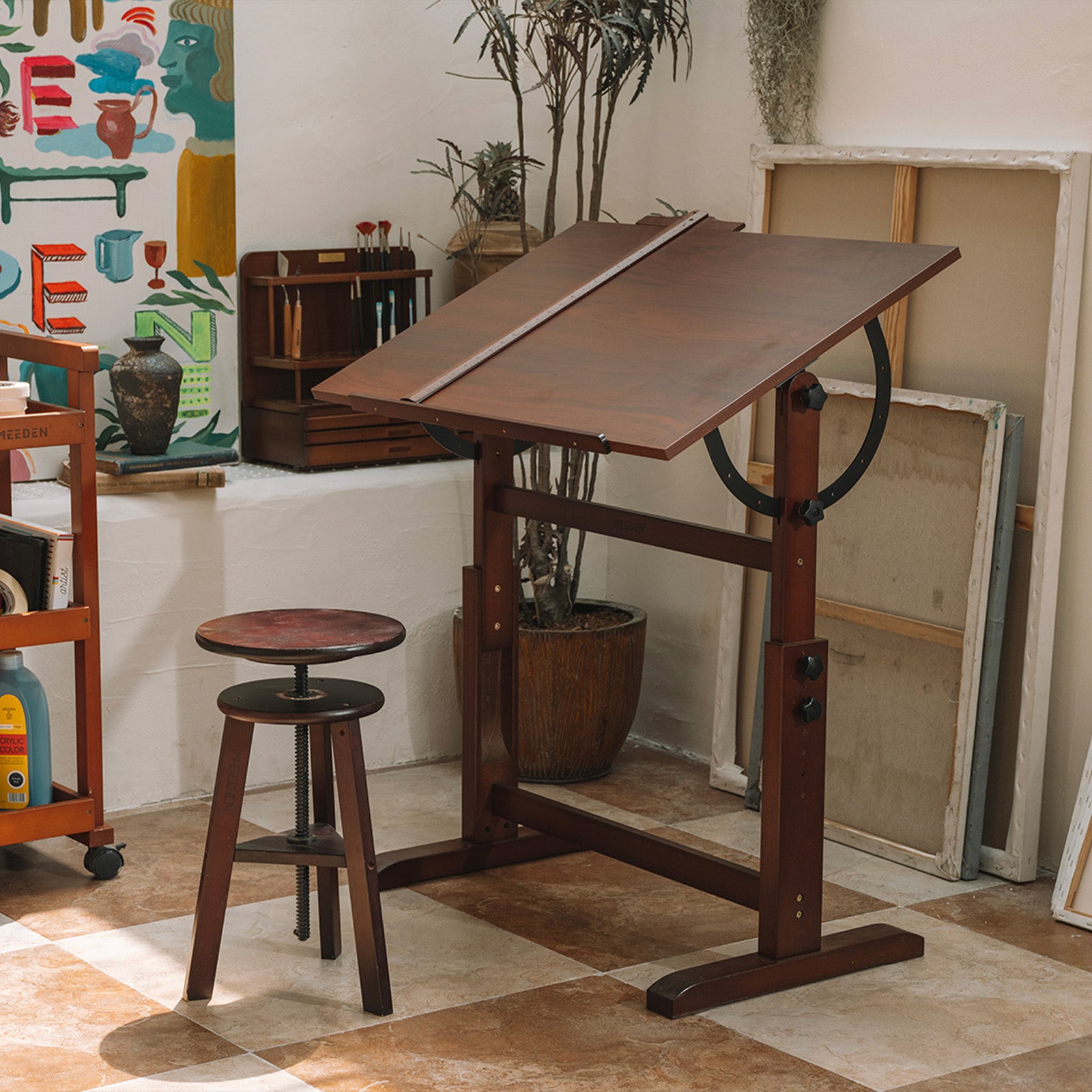 MEEDEN Vintage Adjustable Wooden Drafting Table & Stool Set, Dark Walnut-XSZ-4